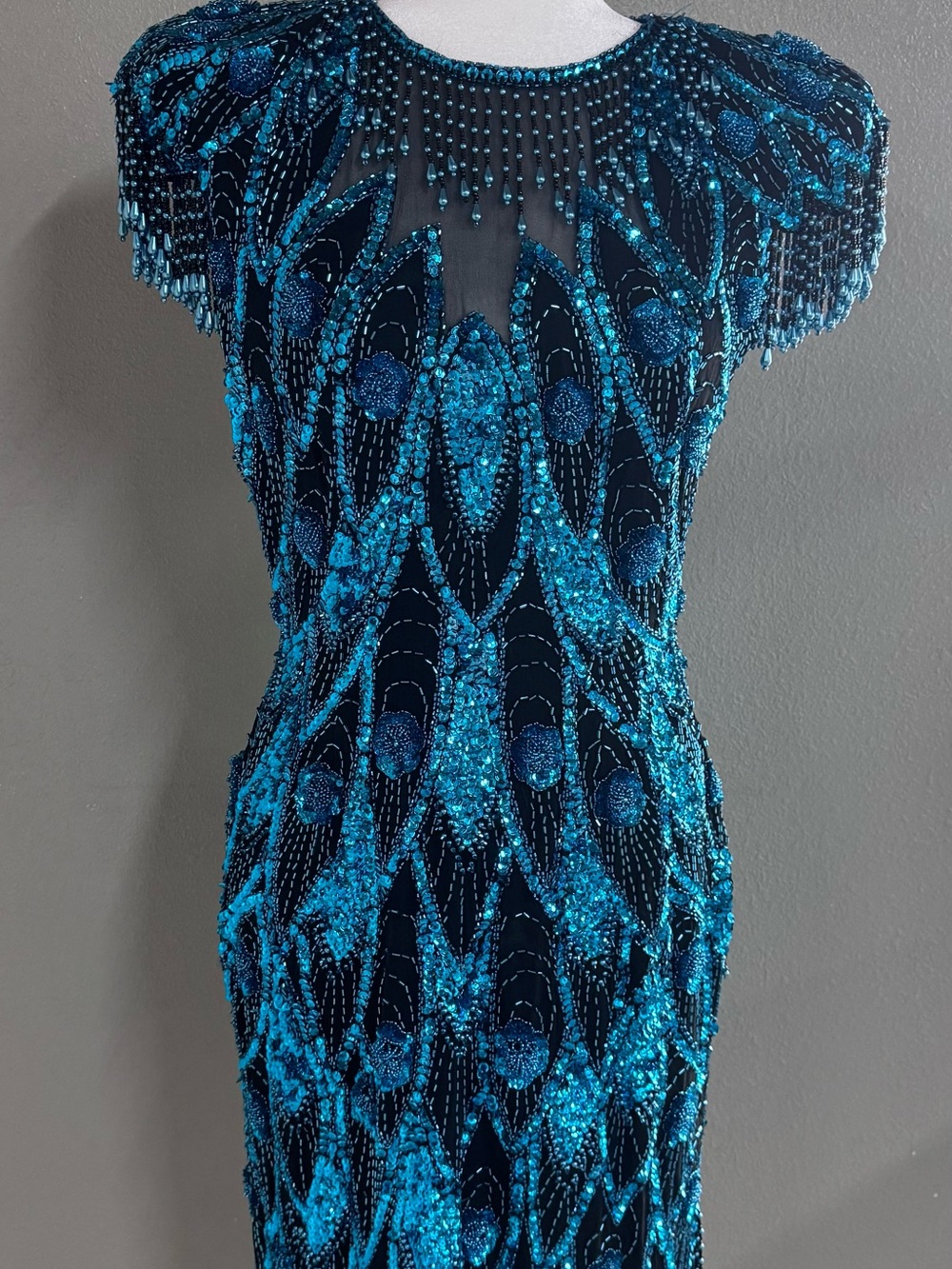 Lillie Rubin Teal Sequin Beaded Evening Dress